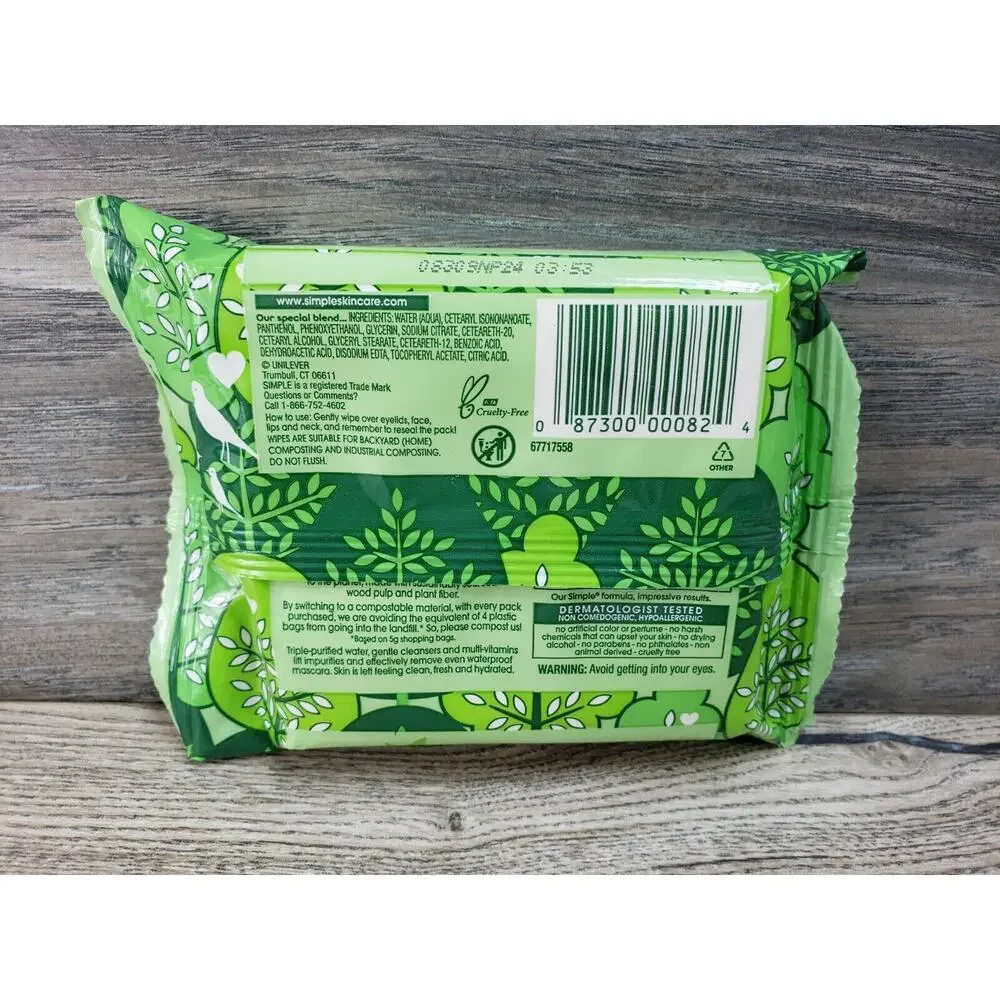 Simple Compostable Cleansing Wipes Kind To Skin Removes Waterproof Mascara 25Ct